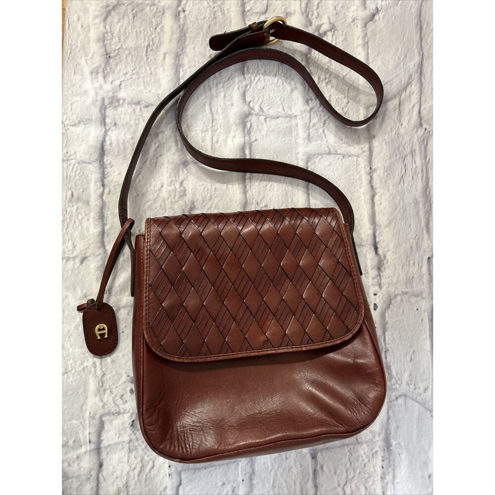 Vintage Etienne Aigner Brown Woven Leather Crossbody Bag Purse